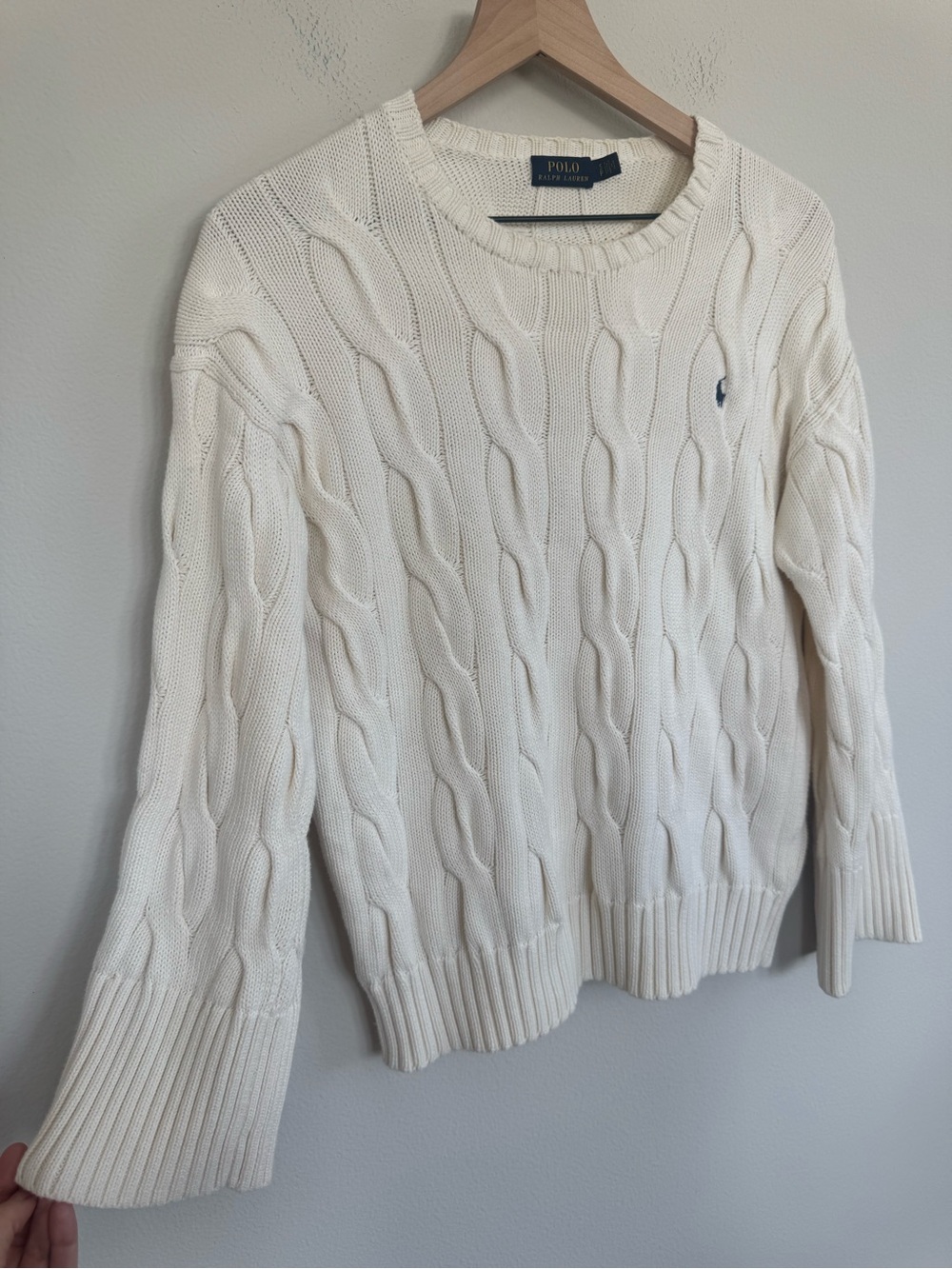 Polo by Ralph Lauren Cream Cable Knit Cotton Sweater Pony Logo Preppy Small - Picture 2 of 11